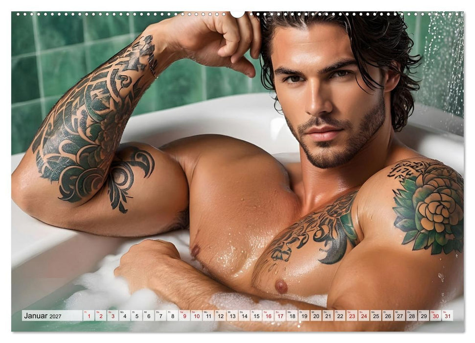 Heiße Kerle im Badeschaum - Muskeln, Tattoos und Wasserspiele (CALVENDO Premium Wandkalender 2027)
