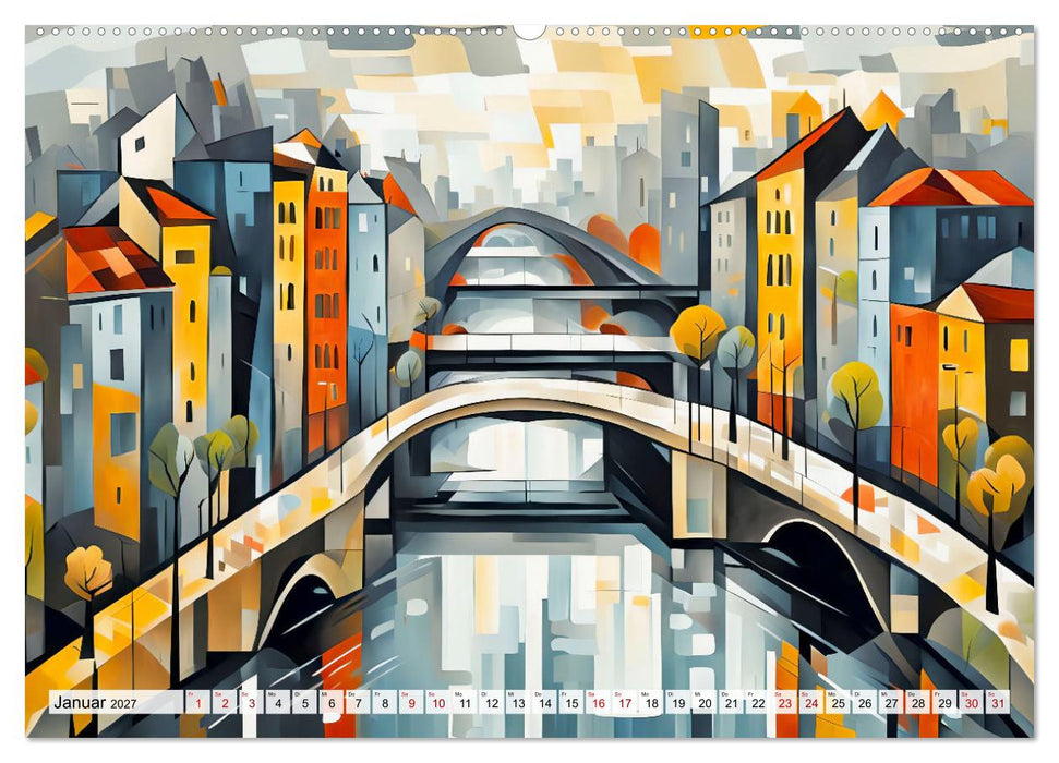 Kubistische Stadtlandschaften - Geometrische Urban Art am Wasser (CALVENDO Premium Wandkalender 2027)