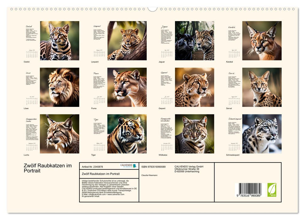 Zwölf Raubkatzen im Portrait (CALVENDO Premium Wandkalender 2027)