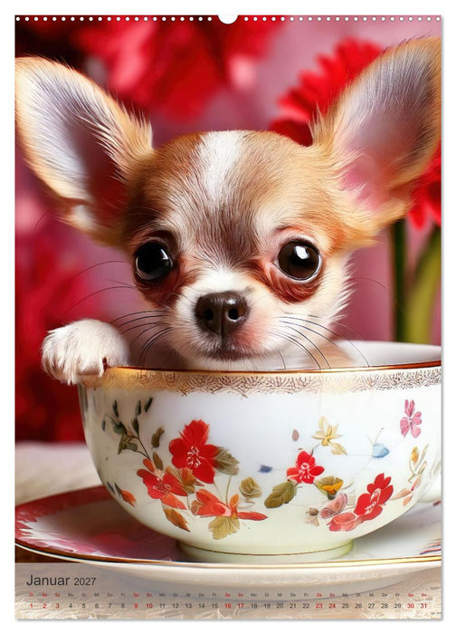 Kaffeepause mit Chihuahua - Kleine Freunde in großen Tassen (CALVENDO Wandkalender 2027)