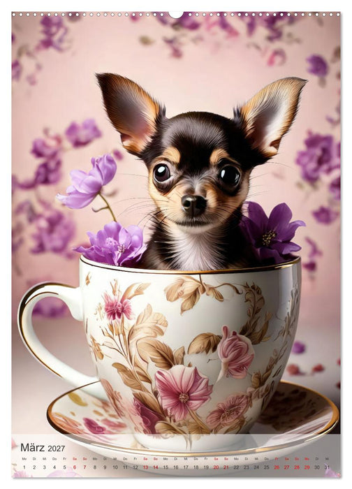 Kaffeepause mit Chihuahua - Kleine Freunde in großen Tassen (CALVENDO Wandkalender 2027)