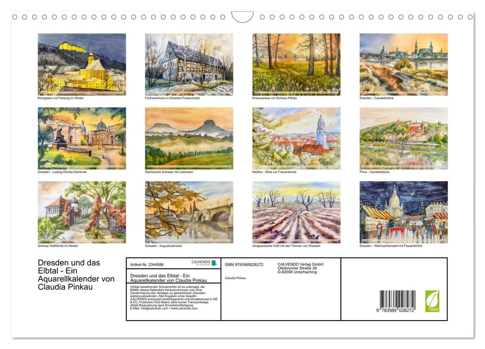 Dresden und das Elbtal - Ein Aquarellkalender von Claudia Pinkau (CALVENDO Wandkalender 2027)