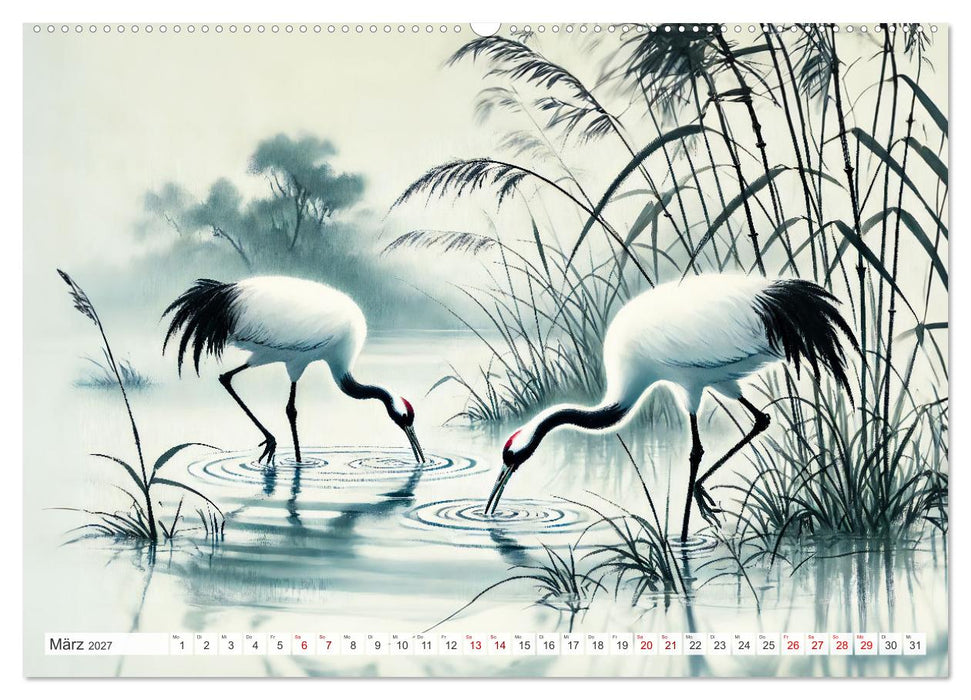 Eleganz der Kraniche - Majestätische Vögel in poetischer Tusche (CALVENDO Wandkalender 2027)