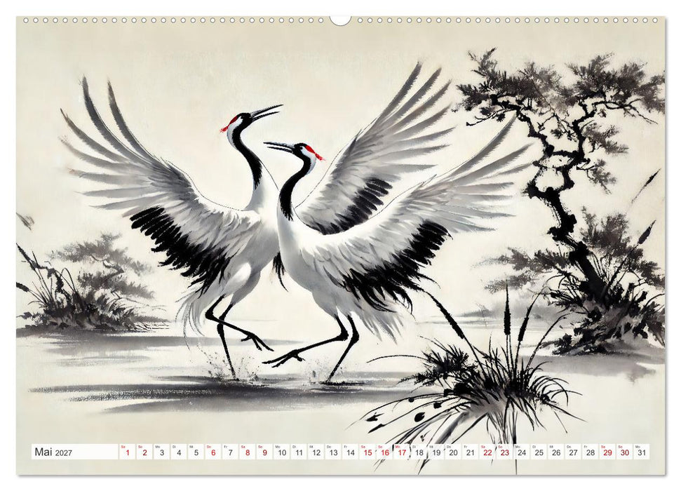 Eleganz der Kraniche - Majestätische Vögel in poetischer Tusche (CALVENDO Wandkalender 2027)