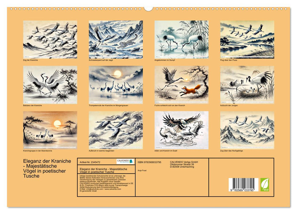 Eleganz der Kraniche - Majestätische Vögel in poetischer Tusche (CALVENDO Premium Wandkalender 2027)