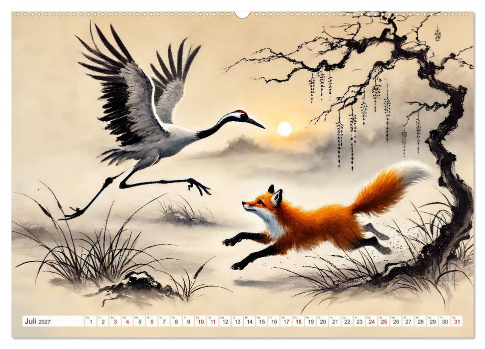 Eleganz der Kraniche - Majestätische Vögel in poetischer Tusche (CALVENDO Premium Wandkalender 2027)