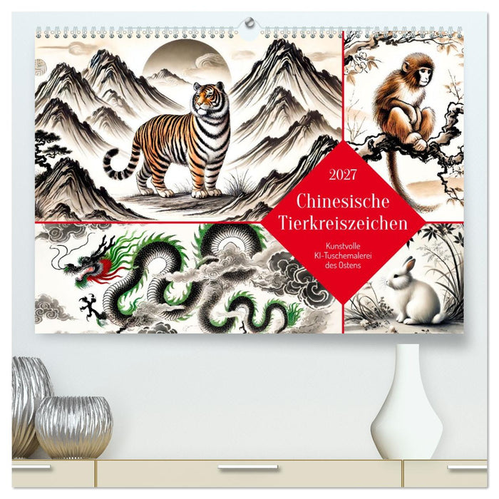Chinesische Tierkreiszeichen - Kunstvolle KI-Tuschemalerei des Ostens (CALVENDO Premium Wandkalender 2027)