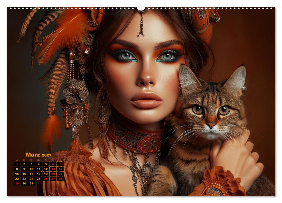Luxuriöser Bohemian Flair - Elegante Frauen mit anmutigen Katzen (CALVENDO Premium Wandkalender 2027)
