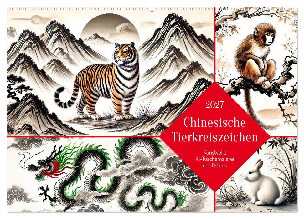 Chinesische Tierkreiszeichen - Kunstvolle KI-Tuschemalerei des Ostens (CALVENDO Wandkalender 2027)