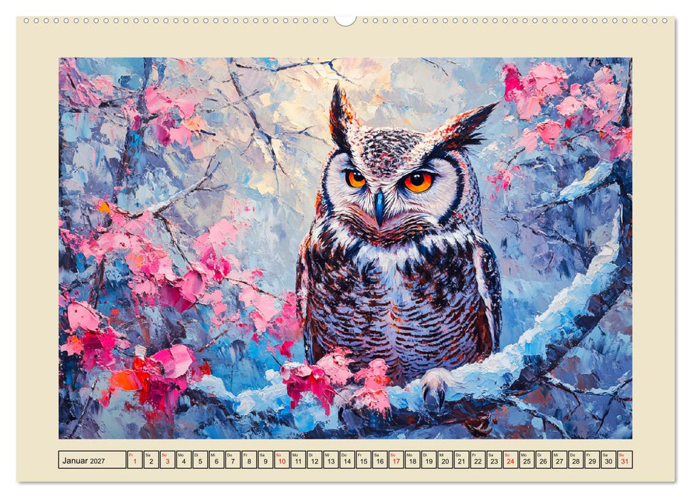 Bunte Eulenpoesie. Kunstvolle Vögel in Ölgemälde-Optik (CALVENDO Wandkalender 2027)