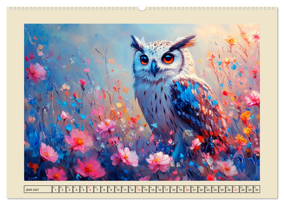 Bunte Eulenpoesie. Kunstvolle Vögel in Ölgemälde-Optik (CALVENDO Wandkalender 2027)
