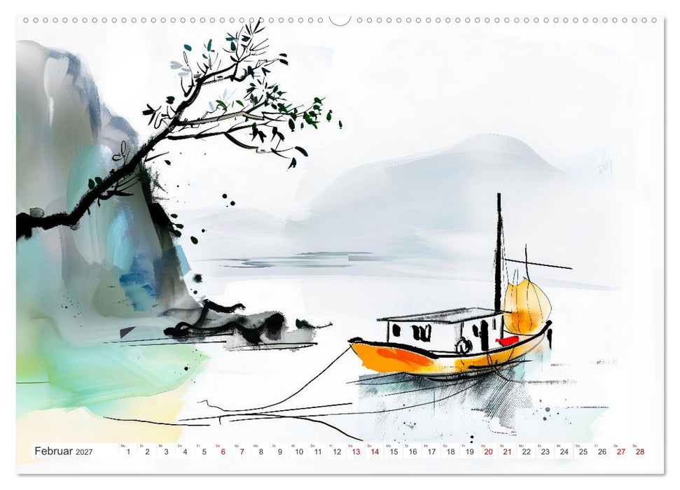 Fernost Impressionen - Tempel und Landschaften in KI-Tuschekunst (CALVENDO Premium Wandkalender 2027)