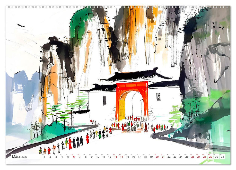 Fernost Impressionen - Tempel und Landschaften in KI-Tuschekunst (CALVENDO Premium Wandkalender 2027)