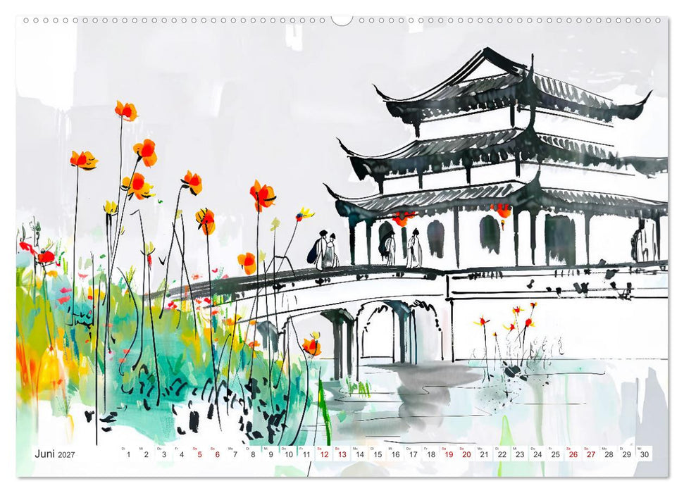 Fernost Impressionen - Tempel und Landschaften in KI-Tuschekunst (CALVENDO Premium Wandkalender 2027)