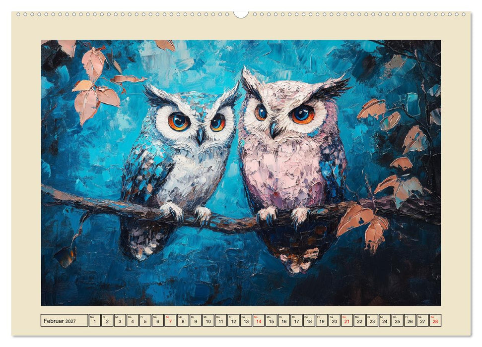 Bunte Eulenpoesie. Kunstvolle Vögel in Ölgemälde-Optik (CALVENDO Premium Wandkalender 2027)