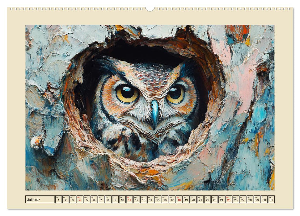 Bunte Eulenpoesie. Kunstvolle Vögel in Ölgemälde-Optik (CALVENDO Premium Wandkalender 2027)