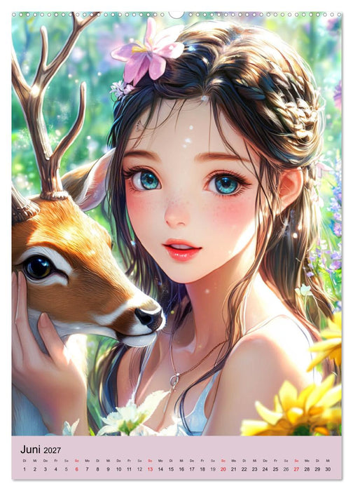 Magische Manga-Girls. Zauberhafte Illustrationen mit Krafttieren (CALVENDO Premium Wandkalender 2027)