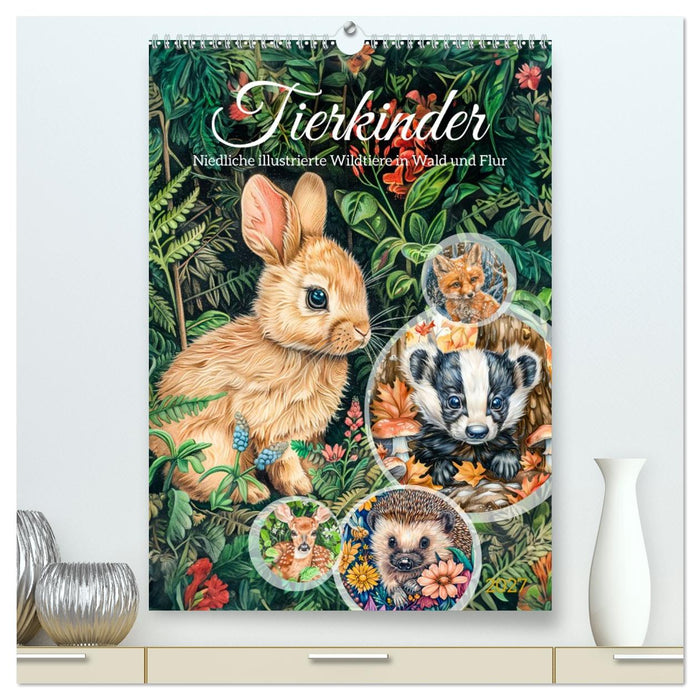 Tierkinder - Niedliche illustrierte Wildtiere in Wald und Flur (CALVENDO Premium Wandkalender 2027)
