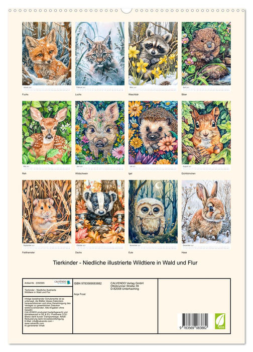 Tierkinder - Niedliche illustrierte Wildtiere in Wald und Flur (CALVENDO Premium Wandkalender 2027)