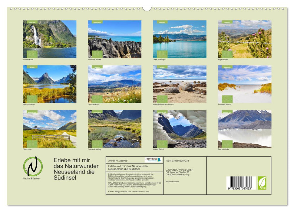 Erlebe mit mir das Naturwunder Neuseeland die Südinsel (CALVENDO Premium Wandkalender 2027)