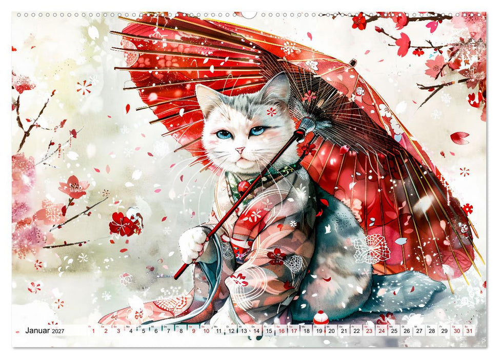 Geisha-Katzen - Mit Blüten, Schirm und Bambus im Japanstil (CALVENDO Premium Wandkalender 2027)