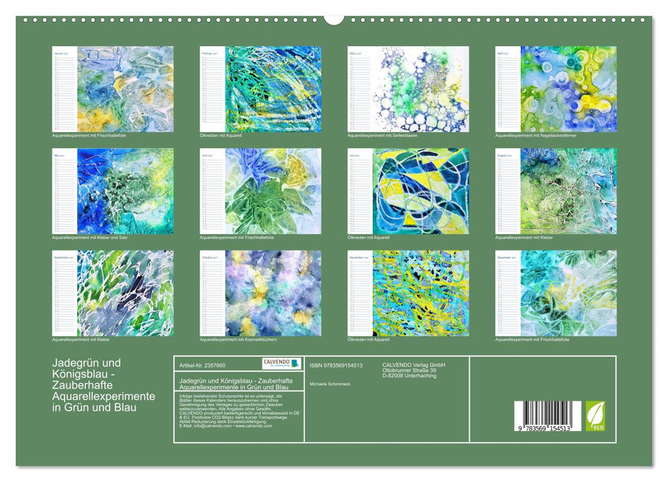 Jadegrün und Königsblau - Zauberhafte Aquarellexperimente in Grün und Blau (CALVENDO Premium Wandkalender 2027)