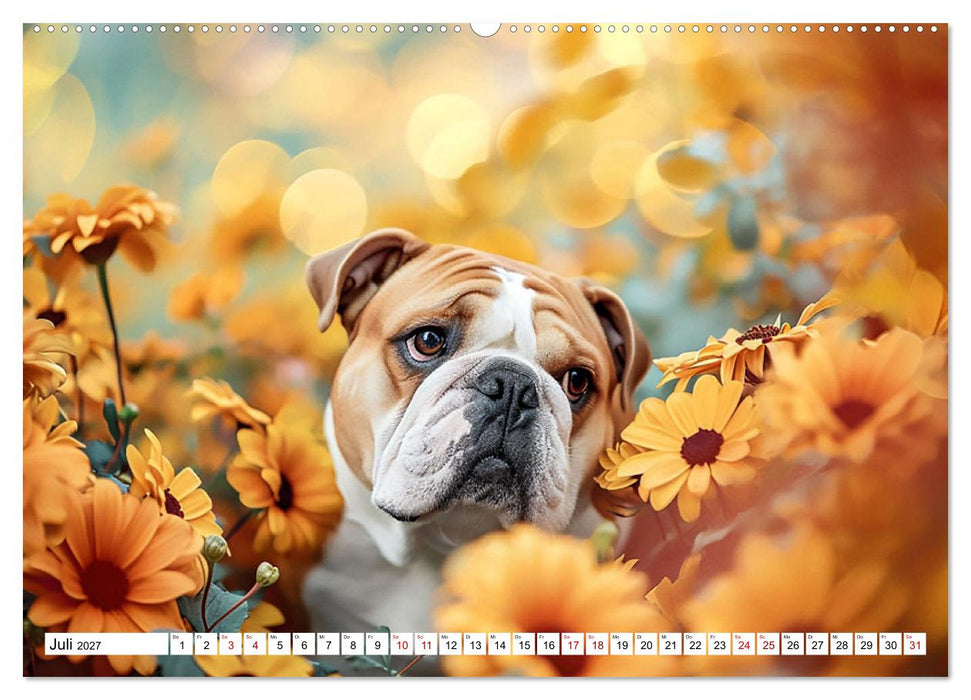 Englische Bulldoggen im Blütenmeer (CALVENDO Premium Wandkalender 2027)