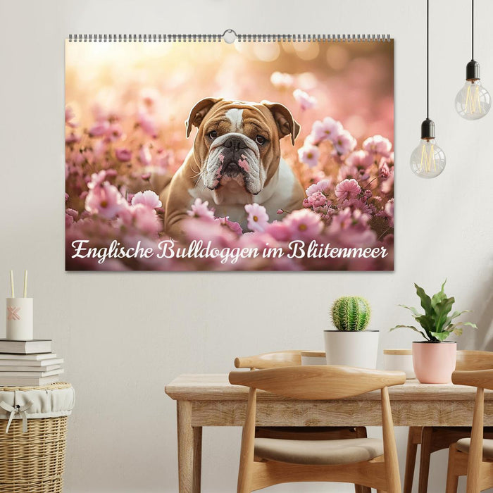 Englische Bulldoggen im Blütenmeer (CALVENDO Wandkalender 2027)