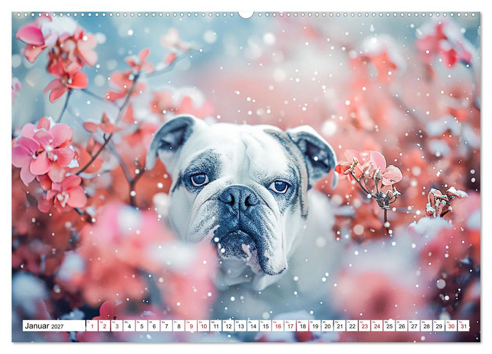 Englische Bulldoggen im Blütenmeer (CALVENDO Wandkalender 2027)