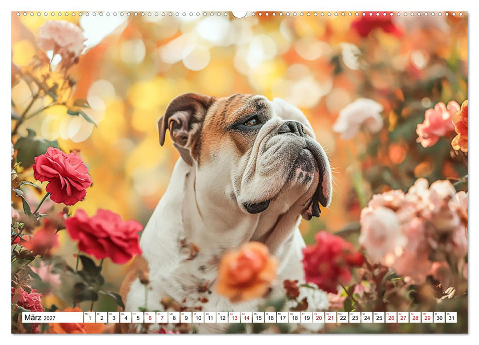 Englische Bulldoggen im Blütenmeer (CALVENDO Wandkalender 2027)