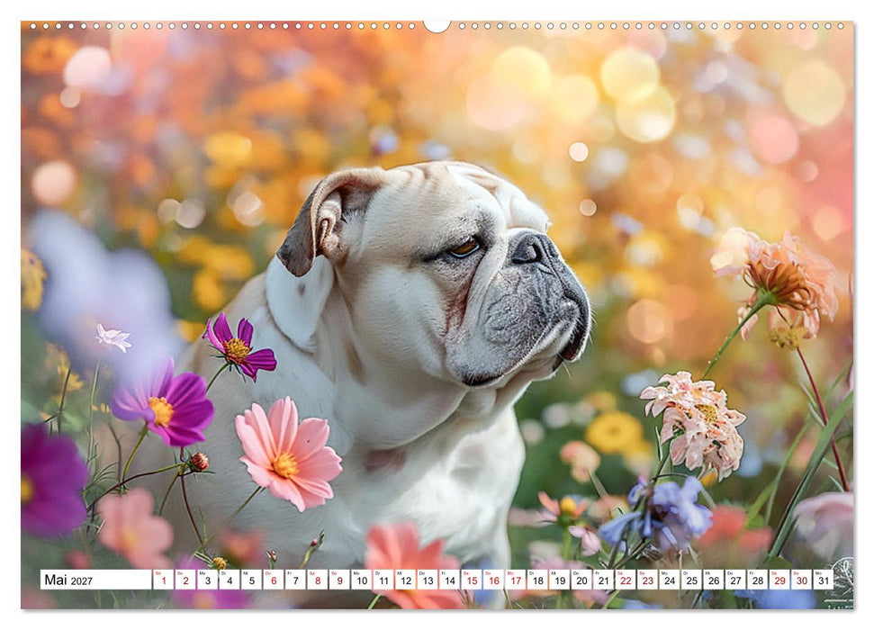 Englische Bulldoggen im Blütenmeer (CALVENDO Wandkalender 2027)