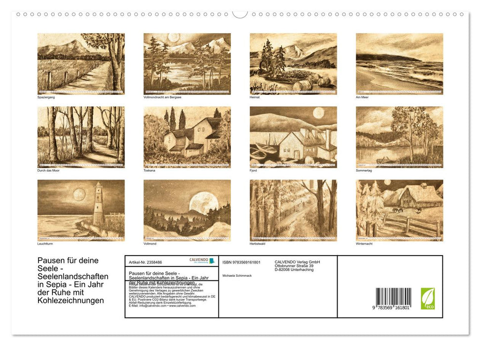 Pausen für deine Seele - Seelenlandschaften in Sepia - Ein Jahr der Ruhe mit Kohlezeichnungen (CALVENDO Premium Wandkalender 2027)