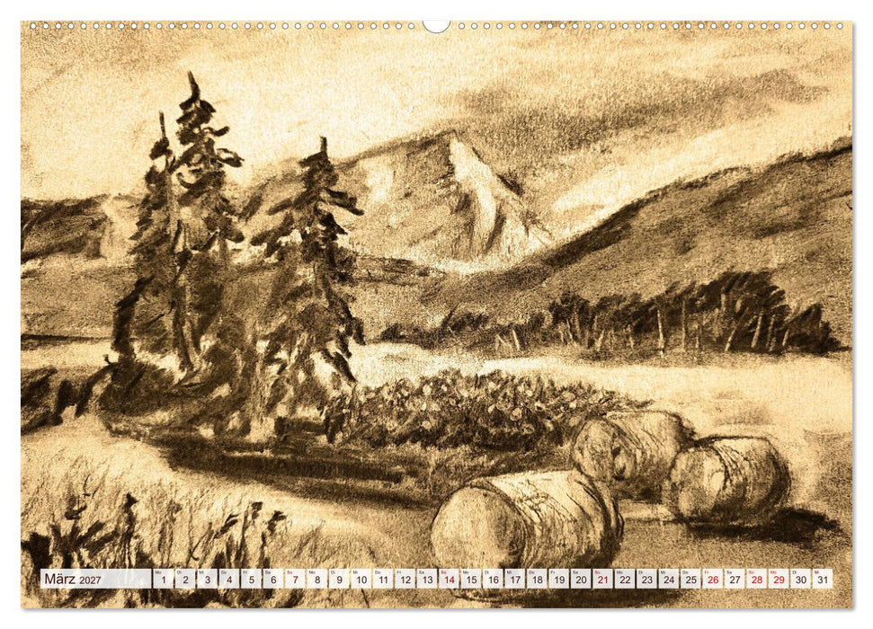 Pausen für deine Seele - Seelenlandschaften in Sepia - Ein Jahr der Ruhe mit Kohlezeichnungen (CALVENDO Premium Wandkalender 2027)