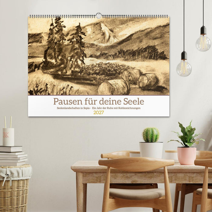 Pausen für deine Seele - Seelenlandschaften in Sepia - Ein Jahr der Ruhe mit Kohlezeichnungen (CALVENDO Wandkalender 2027)