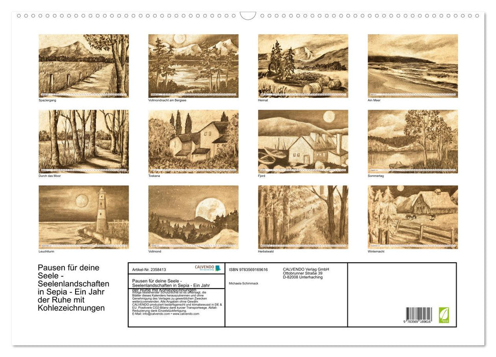 Pausen für deine Seele - Seelenlandschaften in Sepia - Ein Jahr der Ruhe mit Kohlezeichnungen (CALVENDO Wandkalender 2027)