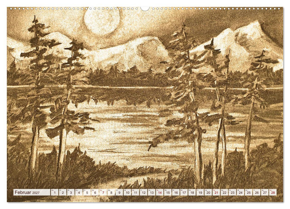 Pausen für deine Seele - Seelenlandschaften in Sepia - Ein Jahr der Ruhe mit Kohlezeichnungen (CALVENDO Wandkalender 2027)