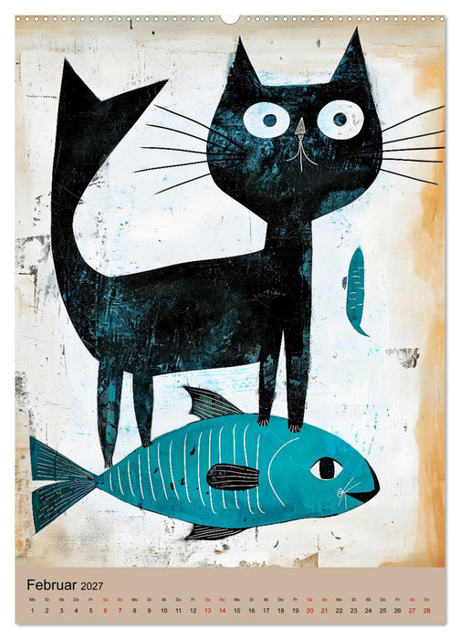 Lustige Katzen-Karikaturen - Minimalistischer Spaß mit Maus, Vogel und Co (CALVENDO Wandkalender 2027)