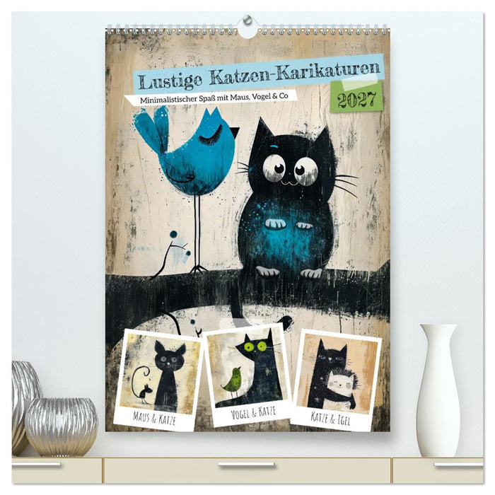Lustige Katzen-Karikaturen - Minimalistischer Spaß mit Maus, Vogel und Co (CALVENDO Premium Wandkalender 2027)