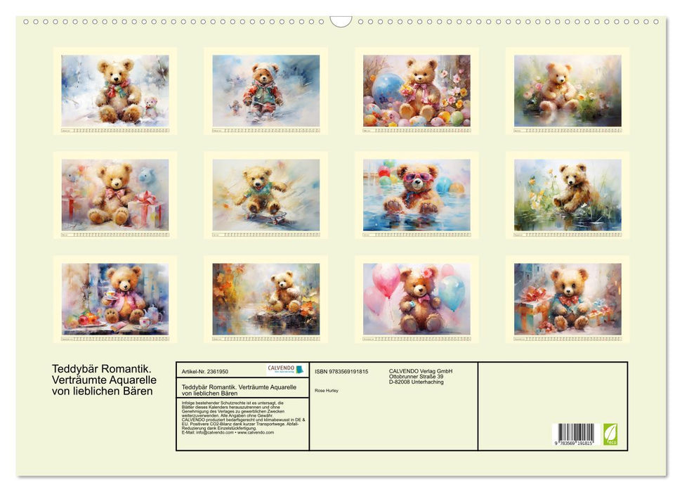 Teddybär Romantik. Verträumte Aquarelle von lieblichen Bären (CALVENDO Wandkalender 2027)