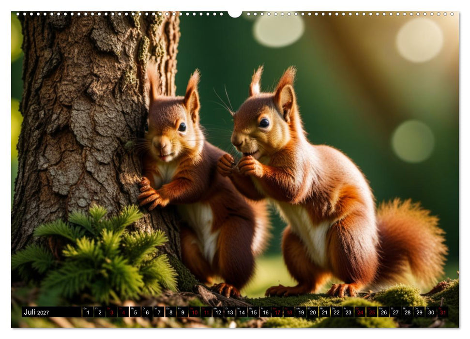 Rote Eichhörnchen - zauberhaft anders mit KI (CALVENDO Premium Wandkalender 2027)