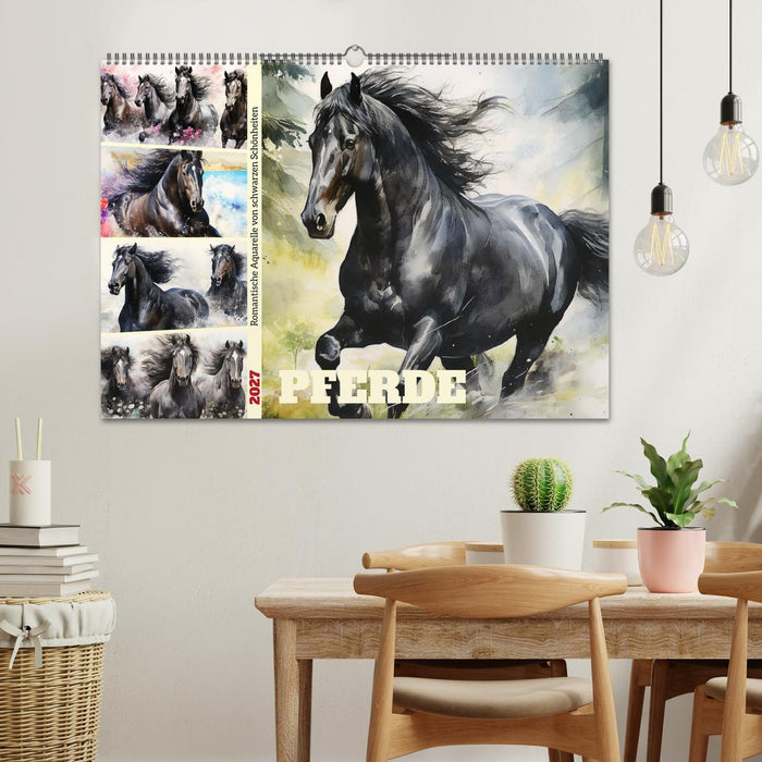 Pferde. Romantische Aquarelle von schwarzen Schönheiten (CALVENDO Wandkalender 2027)