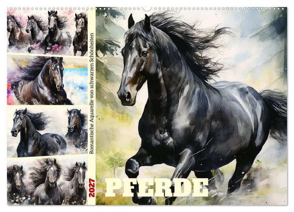 Pferde. Romantische Aquarelle von schwarzen Schönheiten (CALVENDO Wandkalender 2027)