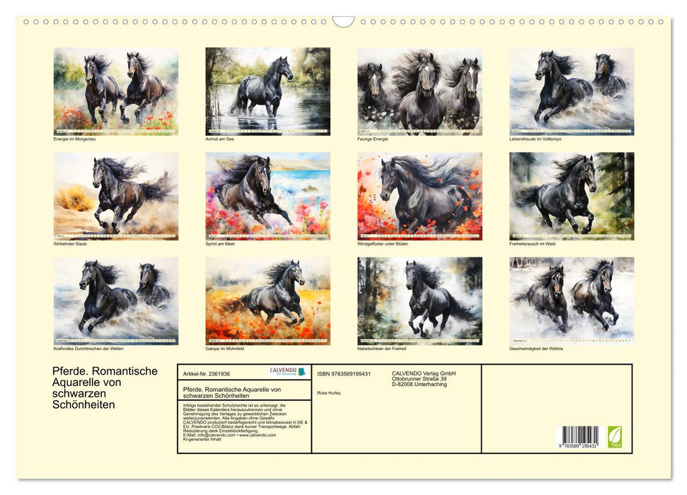 Pferde. Romantische Aquarelle von schwarzen Schönheiten (CALVENDO Wandkalender 2027)