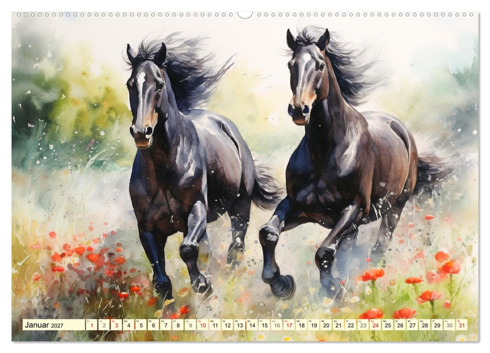 Pferde. Romantische Aquarelle von schwarzen Schönheiten (CALVENDO Wandkalender 2027)