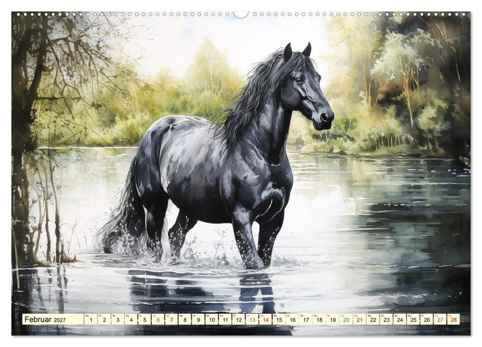 Pferde. Romantische Aquarelle von schwarzen Schönheiten (CALVENDO Wandkalender 2027)
