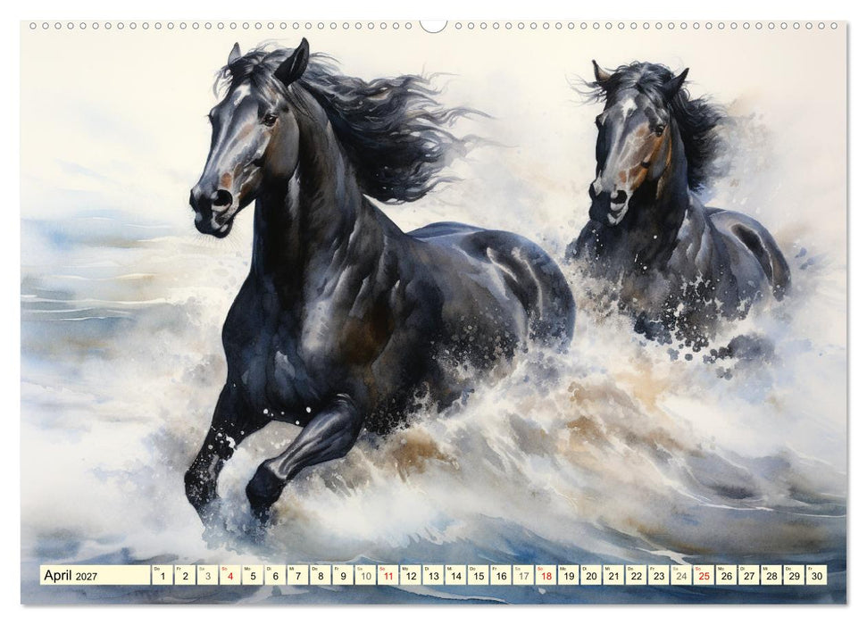 Pferde. Romantische Aquarelle von schwarzen Schönheiten (CALVENDO Wandkalender 2027)