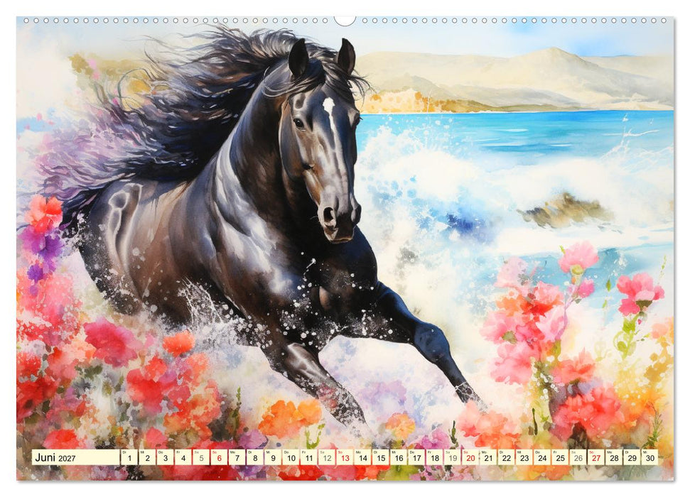 Pferde. Romantische Aquarelle von schwarzen Schönheiten (CALVENDO Wandkalender 2027)
