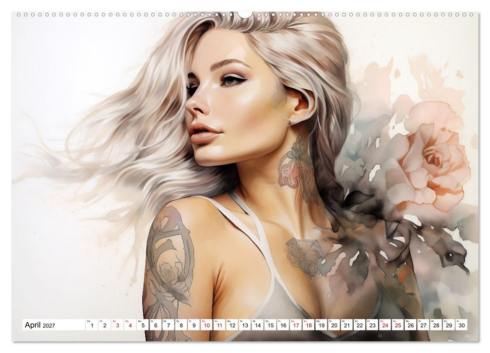 Tattoo trifft Kunst - Starke Tattoos treffen auf sanftes Aquarell (CALVENDO Premium Wandkalender 2027)