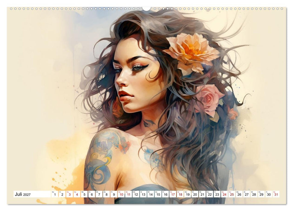 Tattoo trifft Kunst - Starke Tattoos treffen auf sanftes Aquarell (CALVENDO Premium Wandkalender 2027)