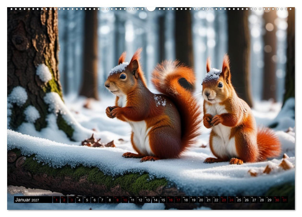 Rote Eichhörnchen - zauberhaft anders mit KI (CALVENDO Wandkalender 2027)